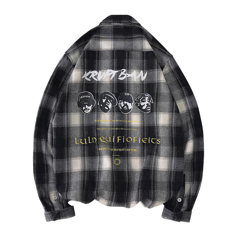 港風格子長袖休閒襯衫潮流學生寬鬆襯衣男