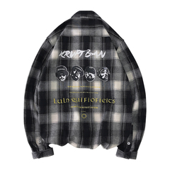 港風格子長袖休閒襯衫潮流學生寬鬆襯衣男