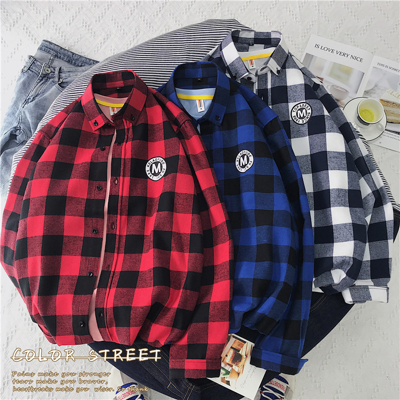 Hong Kong Style Plaid long sleeve casual shirt trend student loose shirt men