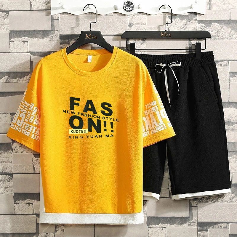 短袖套裝拼接印花休閒T恤