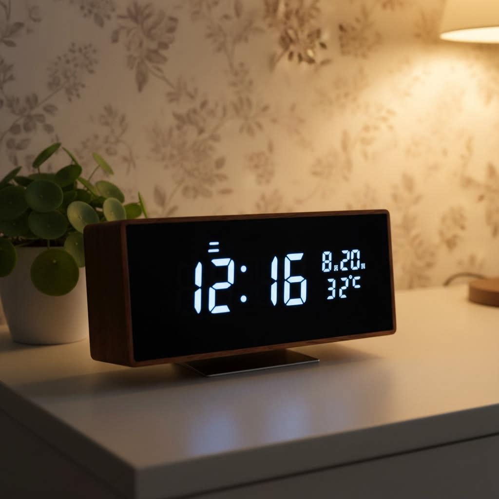 LED数字时钟电子显示钟表台式自动对时实木闹钟音响床头客厅桌面
