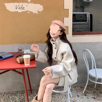 燕麦色呢子大衣女2026新款春季高级感毛呢外套韩系小个子宽松外套