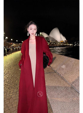 酒红色双面羊绒大衣女2026秋冬季新款韩版高端气质中长款毛呢外套