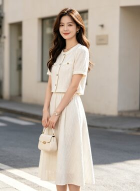 小个子白色套装连衣裙女夏季新款高端法式提花短袖半身裙子两件套