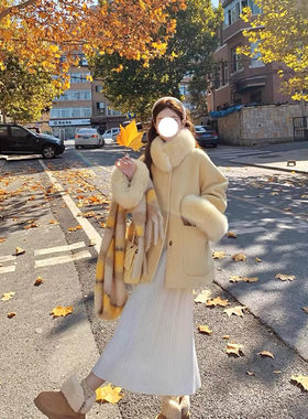狐狸毛富家千金双面羊绒大衣女高级感韩系羊毛呢外套小个子中长款