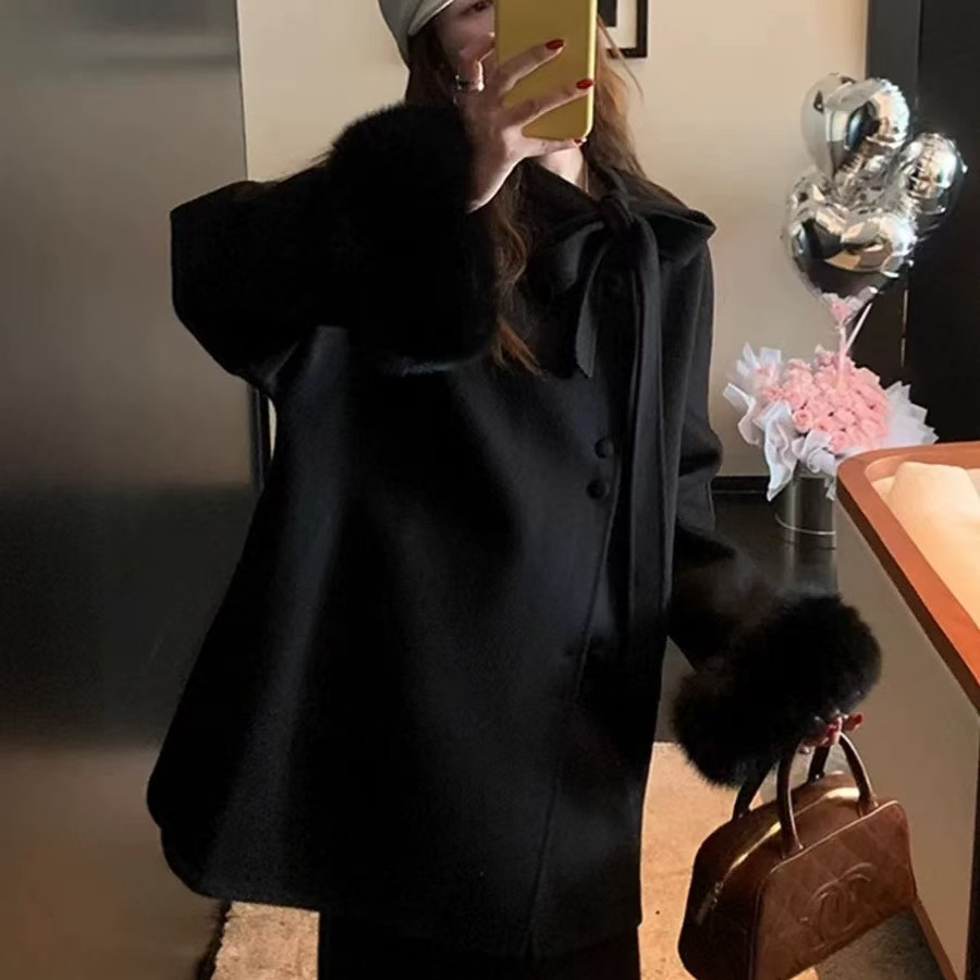 白色狐狸毛双面呢羊绒大衣女2025秋冬新款高级感翻领羊毛呢子外套