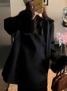 白色狐狸毛双面呢羊绒大衣女2026秋冬新款高级感翻领羊毛呢子外套