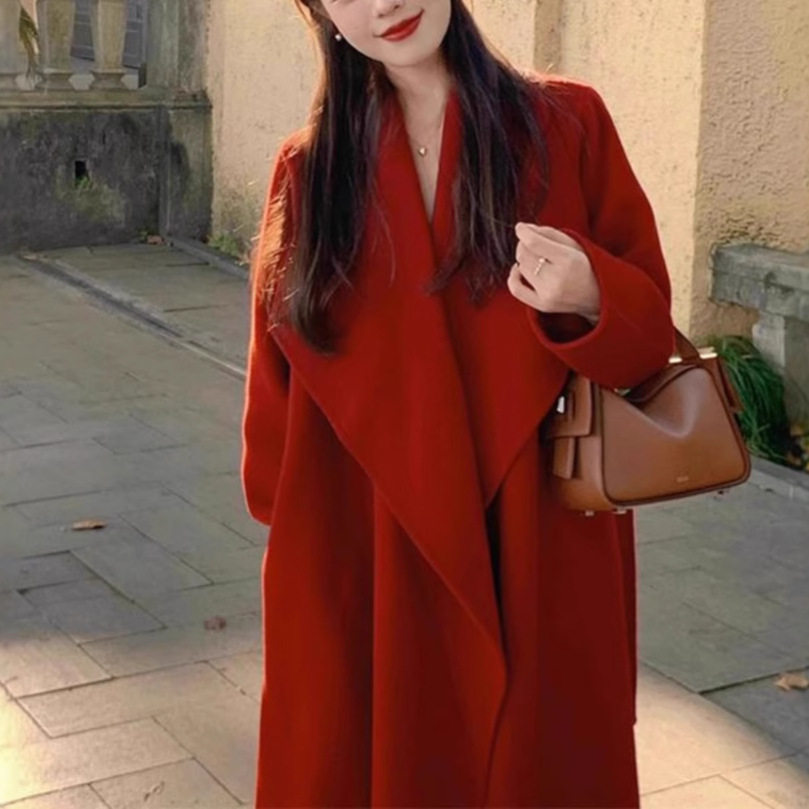 双面呢羊绒大衣女2025秋冬季新款高级感圣诞红色中长款羊毛呢外套