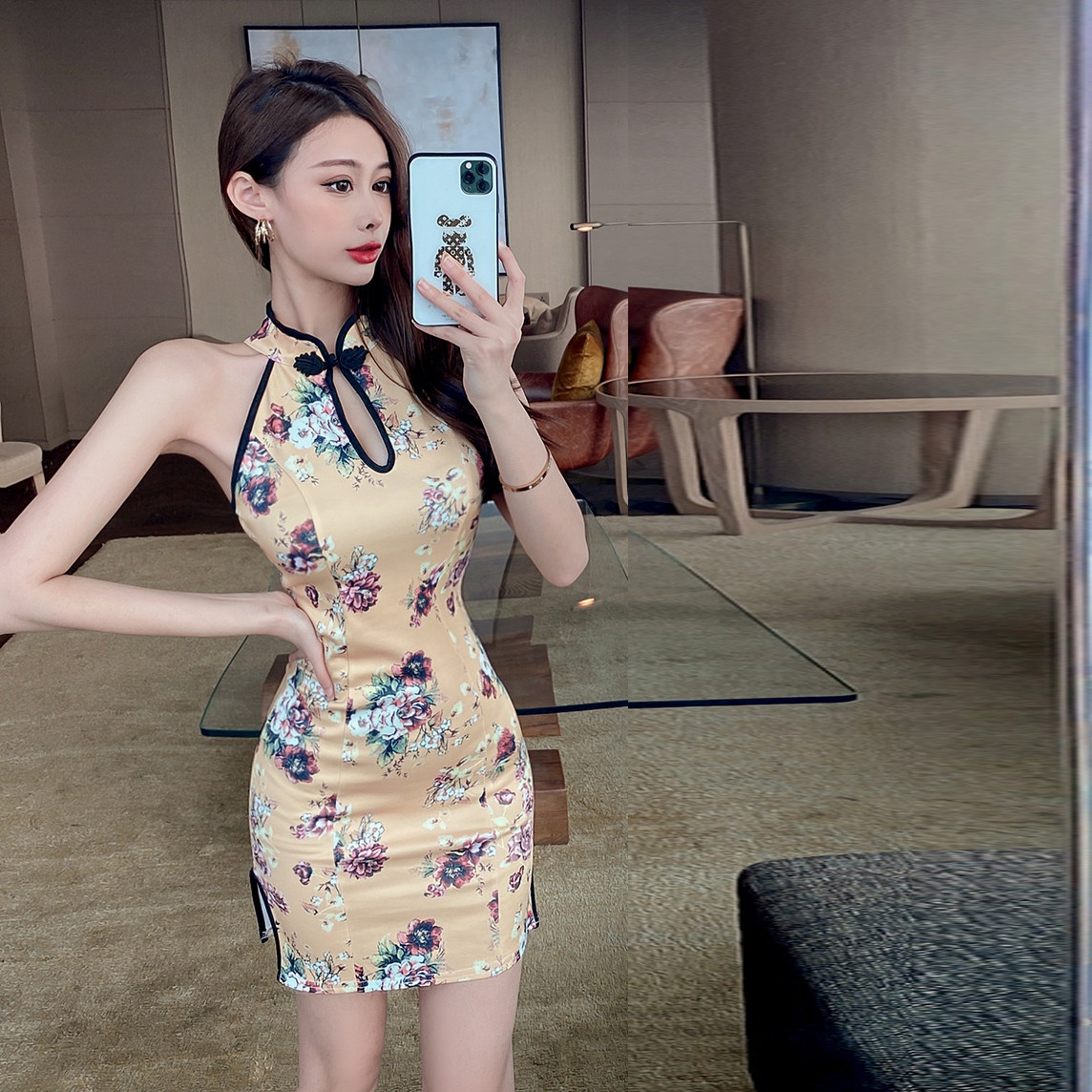 网红直播主播新款性感复古印花改良短款开叉日常夏季连衣裙旗袍
