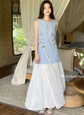 赫拉HELART2025春夏新款法式简约气质牛仔百搭拼接无袖网纱连衣裙