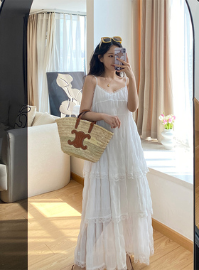 法式茶歇白色沙滩蛋糕吊带连衣裙紫色春夏季仙女款新款怎么挑H