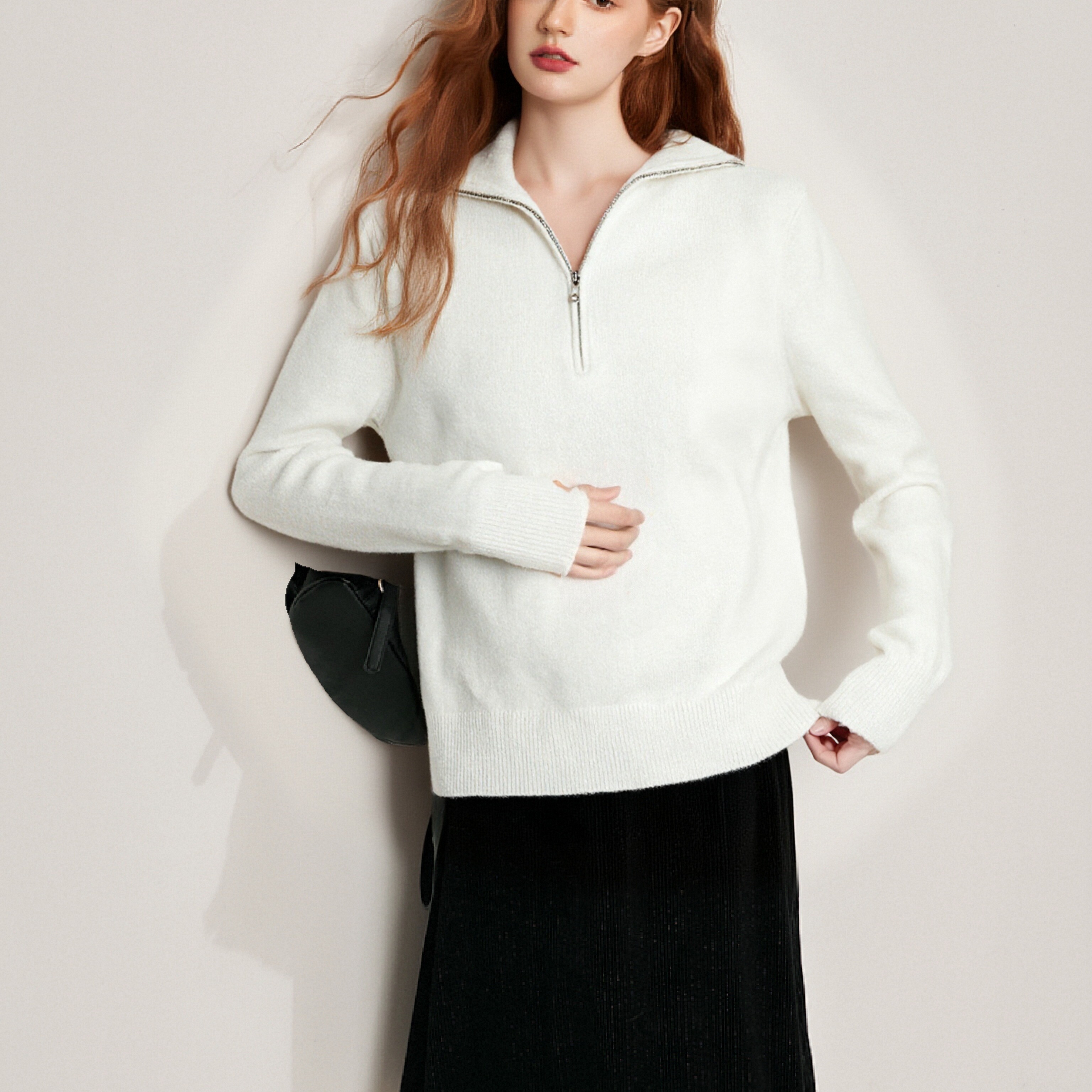 半拉链翻领螺纹收腰打底毛针织衫