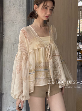 赫拉HELART2025波西米亚印花前短后长雪纺衫+背心春夏新款套装ZY