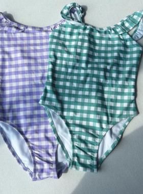 出口女童连体泳衣儿童格子游泳衣女孩宝宝温泉泳装