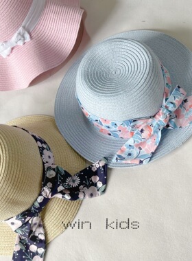法单S家4-8儿童女宝法式大檐防晒草编碎花蝴蝶结遮阳帽度假出游