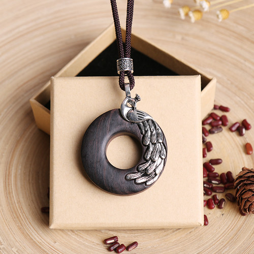 民族风檀木孔雀毛衣链女棉麻文艺