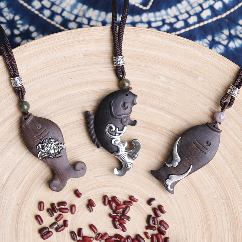 民族风复古木鱼项链吊坠女长款 简约气质檀木毛衣链棉麻配饰挂件