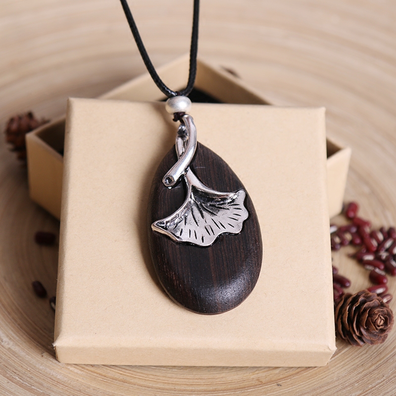 民族风檀木项链复古吊坠女 百搭文艺银杏叶毛衣链棉麻配饰挂件
