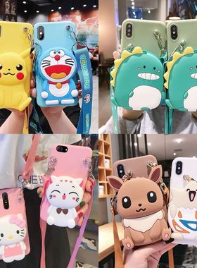 适用于vivo/oppo/苹果/华为零钱包手机壳卡通x27斜挎背带r17女x23