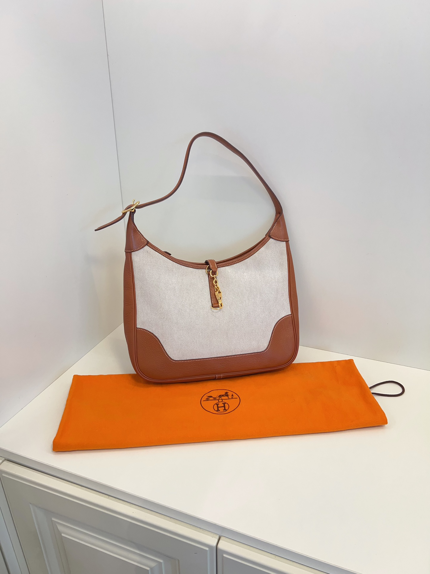 【现货】97新Hermes爱马仕 Trim 31 金棕金扣拼帆布