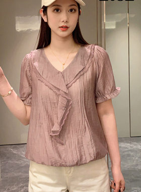2025新款套头女装夏装短袖小衫纯然减龄宽松显瘦蕾丝雪纺衫女士T