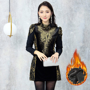 妈妈装 连衣裙2023年新款 加绒加厚绣花中长款 打底衫 冬季 蕾丝衫 长袖