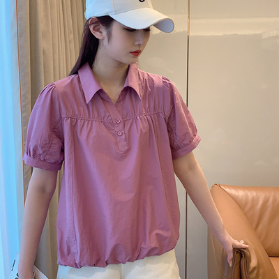 2025新款女装短袖上衣夏装女士半袖衬衫式T恤纯色减龄显瘦天丝棉