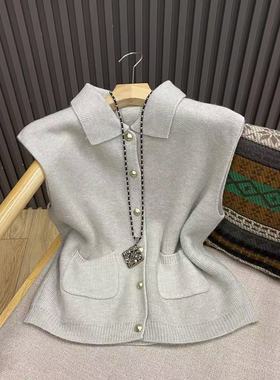 秋冬翻领金扣针织马甲开衫宽松休闲纯色百搭叠穿背心女Z251030