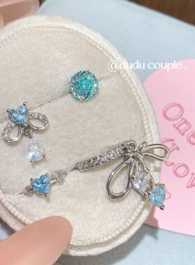 嘟嘟夫妇蓝色耳钉医用钛钢耳骨钉耳蜗钉睡觉免摘高级感耳扣耳环女