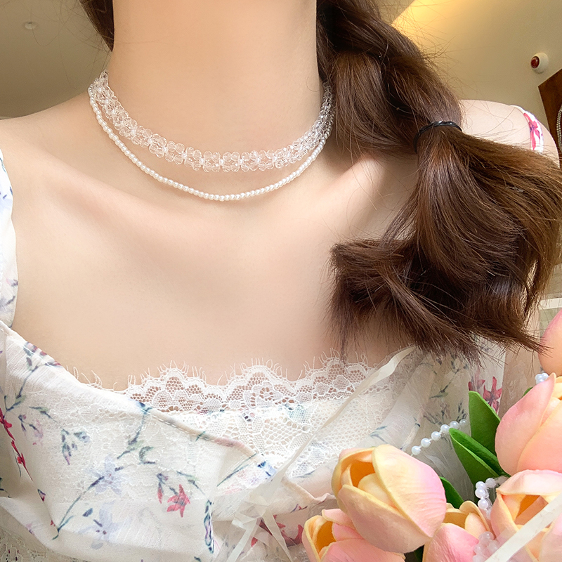 嘟嘟夫妇水晶珍珠双层叠戴项链女