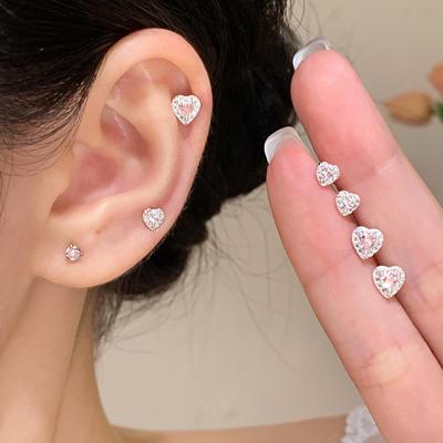 S999纯银爱心耳钉养耳洞超闪锆石