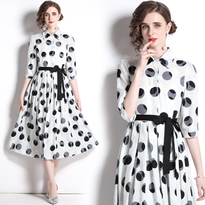 RM5411#女装蓝色印花衬衫连衣裙