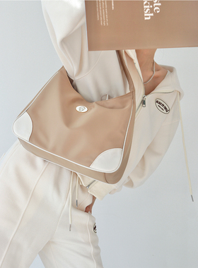 美式复古JK学院风牛津布尼龙包学生单肩大包腋下托特包撞色慵懒风