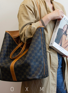 老花大容量单肩包女上班通勤包水桶包小众托特包质感印花手提休闲