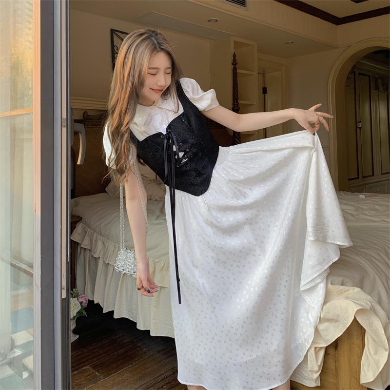 Real price slim mid long waist lace up shirt dress versatile student sweet dress