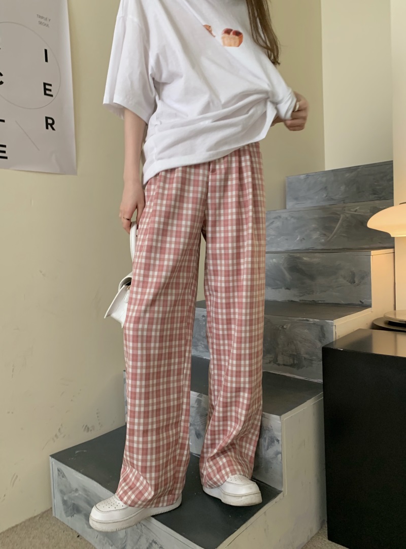 Real price Korean loose and thin pink plaid straight tube wide leg pants suit pants floor pants