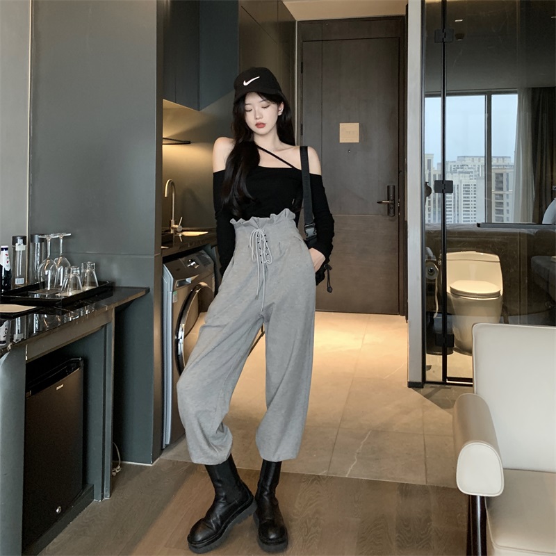 Real shot real price Korean version loose and thin high waist drawstring lace up small foot casual pants versatile student sports pants