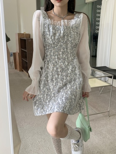 Real shot real price Korean slim cut Lace Floral splicing Chiffon sleeve sweet mid long waist dress