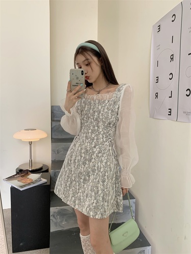 Real shot real price Korean slim cut Lace Floral splicing Chiffon sleeve sweet mid long waist dress