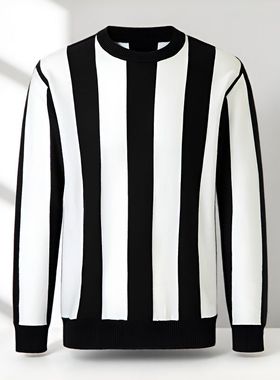 男士条纹毛衣春季加肥加大码男装美式休闲圆领套头薄款针织衫春秋