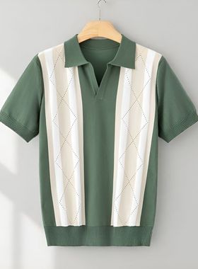 短袖polo衫男夏季薄款冰丝条纹针织T恤 大码男士撞色休闲翻领上衣