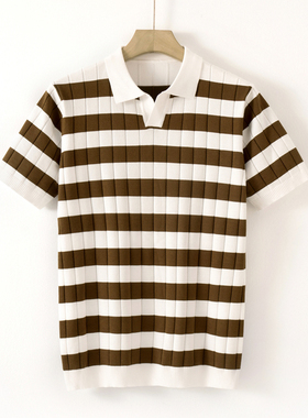 男士条纹短袖polo衫春夏季男装休闲翻领T恤 加肥加大码冰丝针织衫