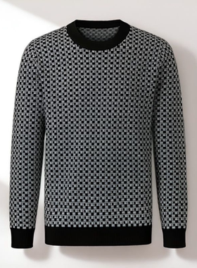 男士加厚毛衣秋冬季时尚男装休闲格子针织衫宽松加肥加大码打底衫