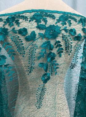 45cm复古墨绿色花朵刺绣网纱蕾丝宽花边辅料裙边下摆领口后背DIY