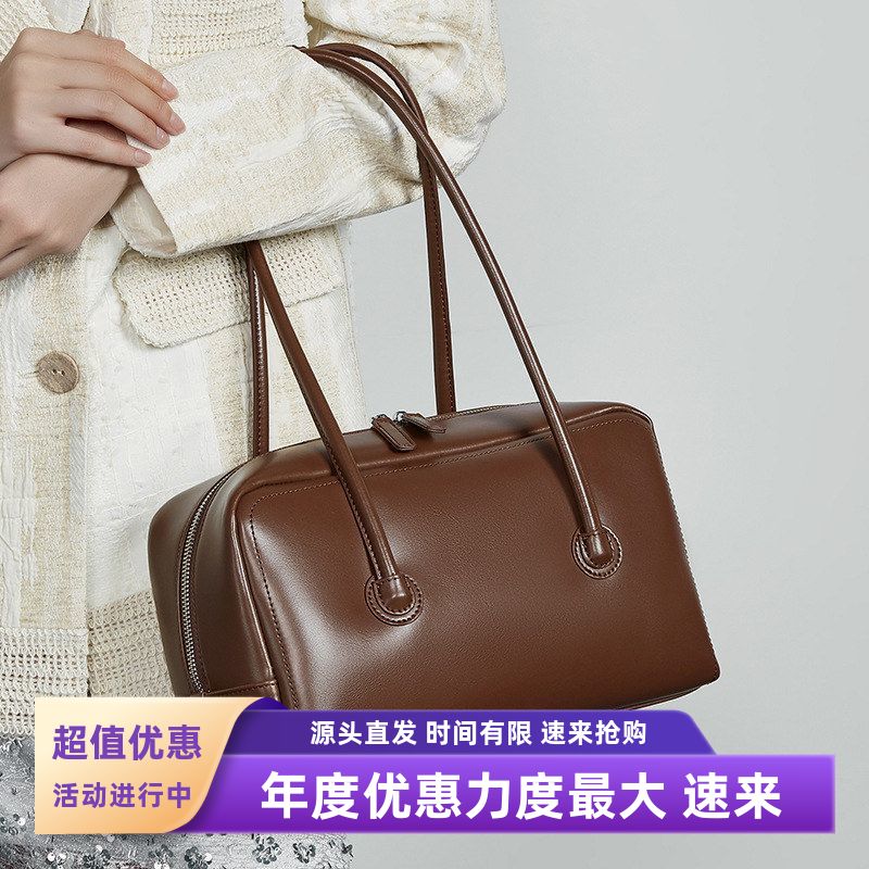 真皮波士顿女包保龄球包手提单肩枕头包包女2025新款方包腑下女包