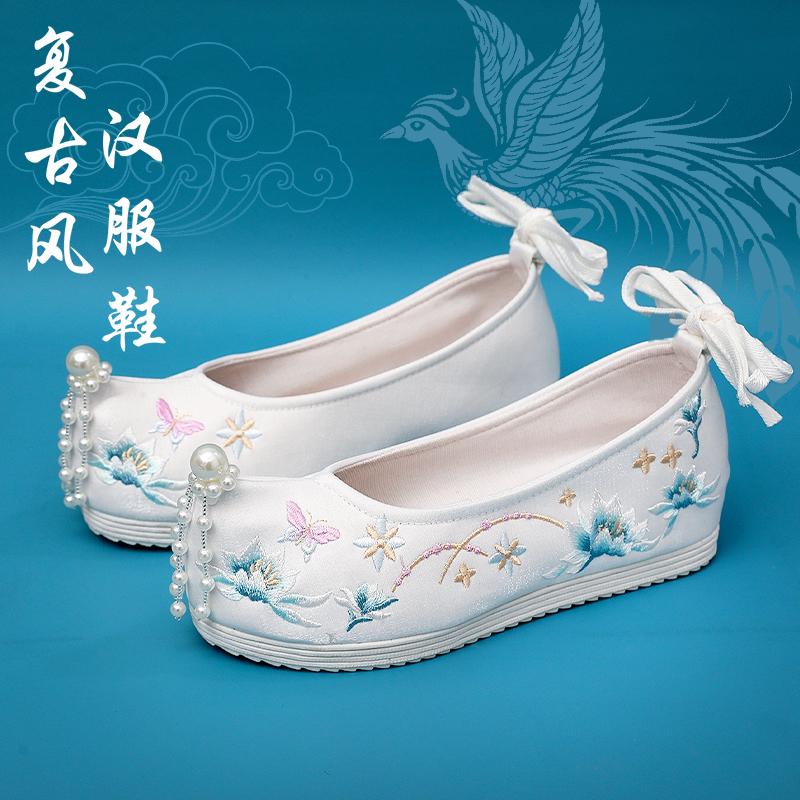 古风汉服鞋平底翘头珍珠内增高图片