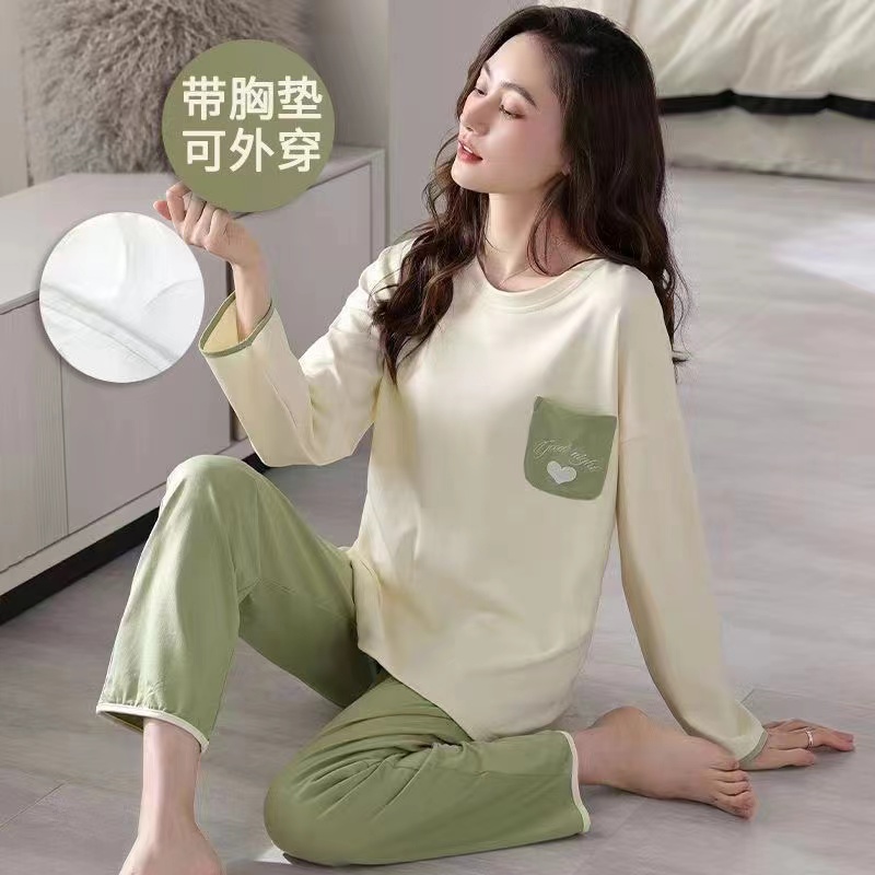 新款纯棉睡衣女少女士韩版宽松秋冬季长袖家居服套装可外穿