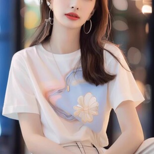 t恤衫 女夏白色宽松减龄打底上衣 正肩纯棉短袖 广州十三行高货爆款