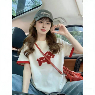 广州十三行正肩t恤女短袖 宽松慵懒风简约刺绣上衣设计感小众 夏季