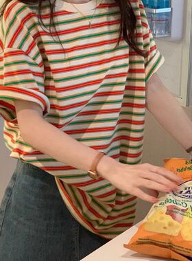 广州十三行高货正肩短袖t恤女夏季2025新爆款多巴胺小众条纹上衣